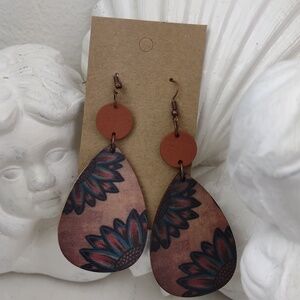 Boho Brown Teardrop Dreamy Earthy Flower Graphic Wooden Drop  Dangle Earrings